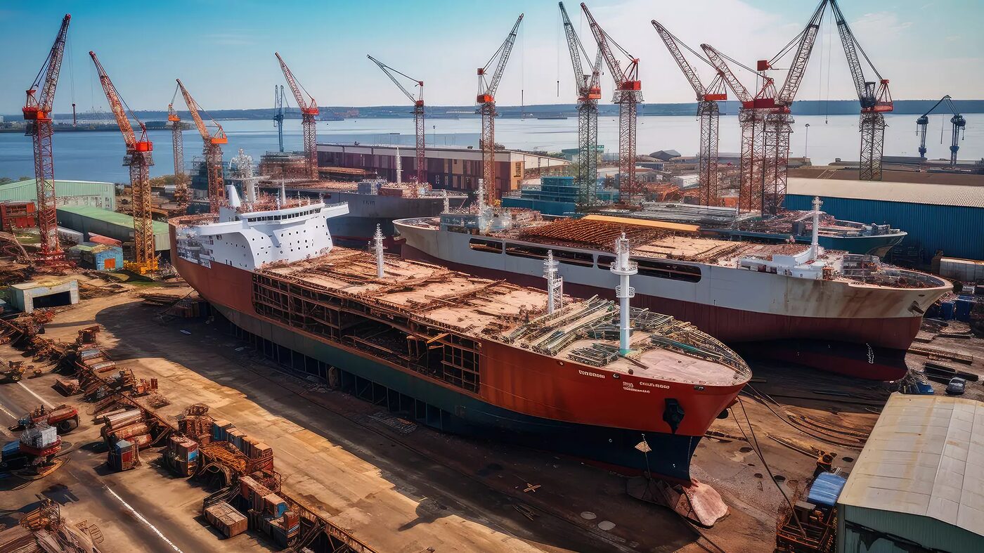 A ShipSmith Group repair yard with vessels in drydock under gantry cranes